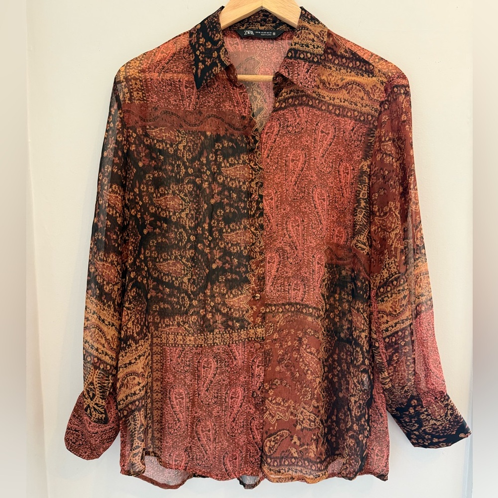 Zara Paisley Patchwork Sheer Button-Up Top in Rust & Black